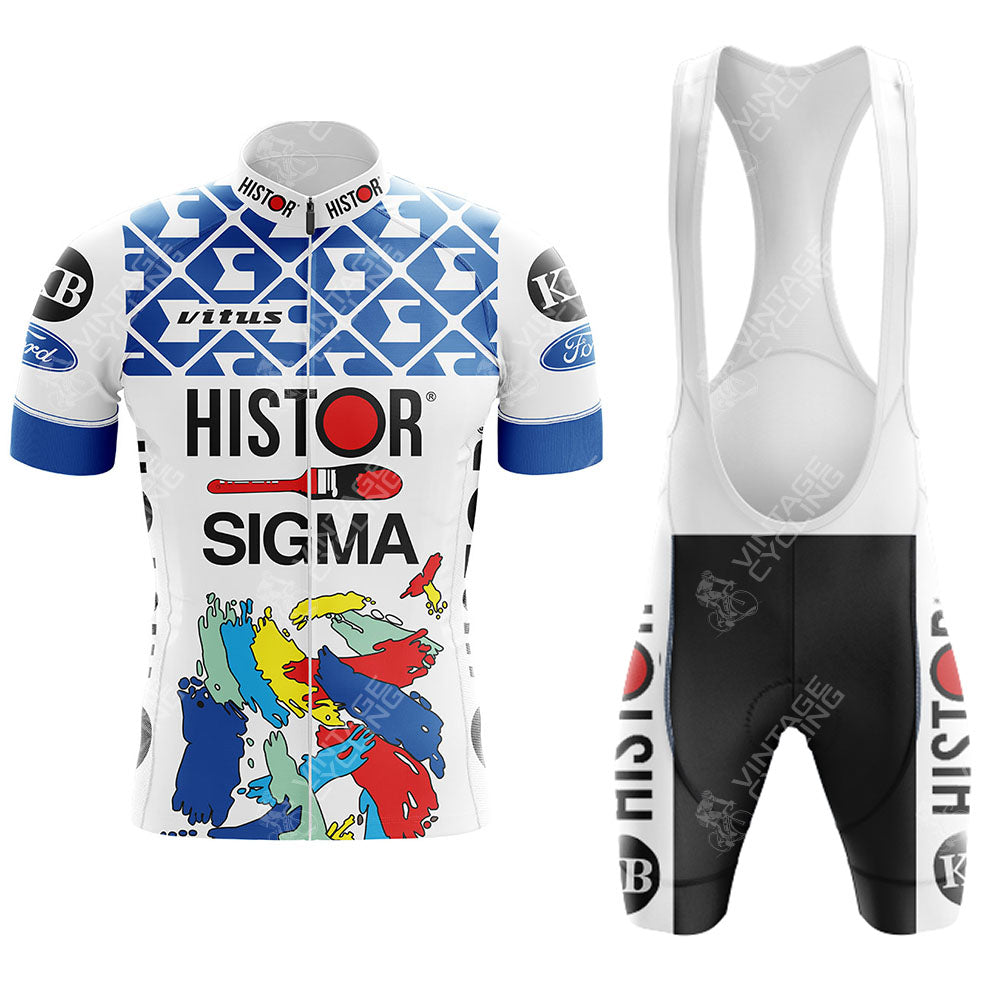 Vintage cycling enthusiasts will love the GS Ignis Retro Short Sleeve Cycling Set, featuring a colorful jersey with abstract shapes and iconic logos like Histor and Sigma, accented with blue, paired with black bib shorts featuring retro white side panels and logos.