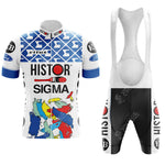 Vintage cycling enthusiasts will love the GS Ignis Retro Short Sleeve Cycling Set, featuring a colorful jersey with abstract shapes and iconic logos like Histor and Sigma, accented with blue, paired with black bib shorts featuring retro white side panels and logos.