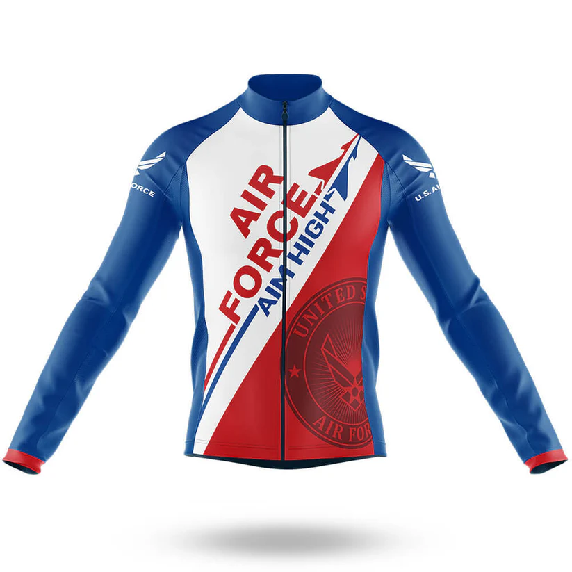 A men's long sleeve cycling jersey featuring a peeking black cat graphic on the front, designed in blue, red, and white colors. The Peeking Black Cat Men Long Sleeve Cycling Jersey also showcases bold sleeve designs.