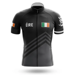 The Snail Cycling Team Men Short Sleeve Cycling Set features a black jersey with geometric chevron patterns, the Irish flag and ÉIRE on the front and right sleeve, and the Irish flag on the left sleeve—ideal for your cycling kit.
