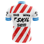 The KAS Skil Sem Retro Cycling Jersey features a primarily white design with red diagonal stripes, blue cuffs, and vintage black text. Logos including SKIL, MIKO, and SEM enhance its nostalgic appeal. Made from lightweight polyester, it also has an internal silicone waist strip for a secure fit.