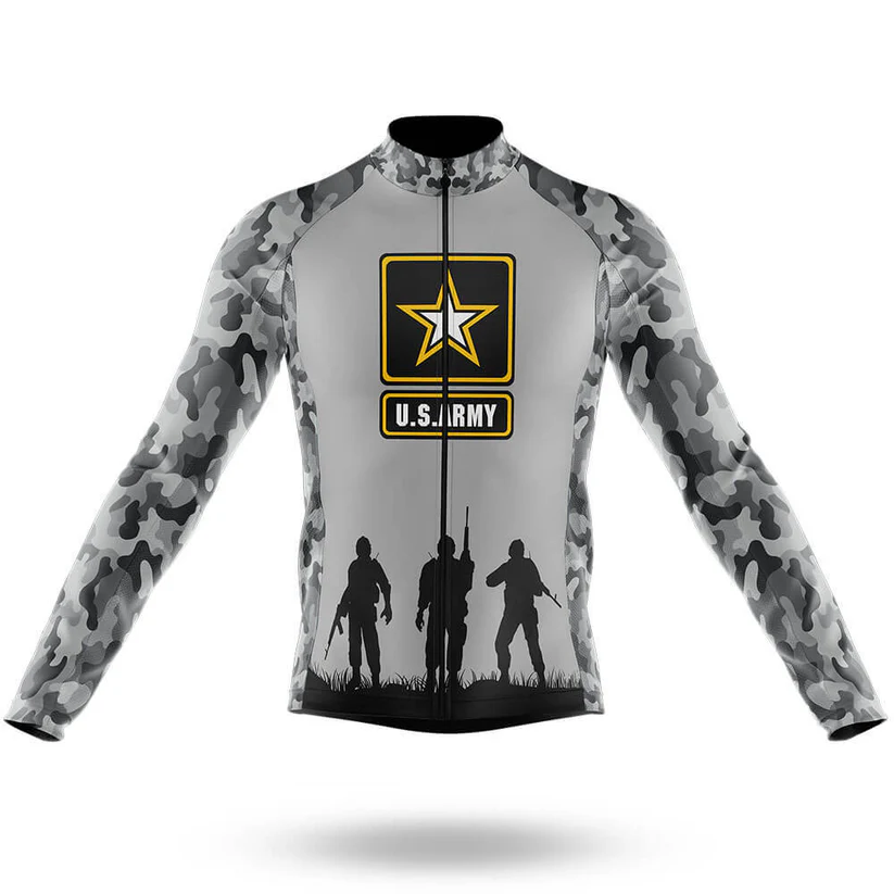 The Specialized Long Sleeve Cycling Jersey is gray with a U.S. Army camo design, features the Army logo on the chest, and has three armed soldier silhouettes along the bottom.