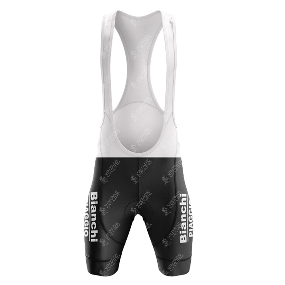 The 1983 Bianchi Retro Short Sleeve Cycling Set features black shorts and a white upper section with Bianchi and Piaggio logos in white text, making it ideal for road cyclists seeking classic style.
