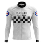 The PEUGEOT Black White Retro Long Sleeve Cycling Set features a white racing jacket with a black and white checkered chest pattern, Peugeot and Michelin logos above it, Esso logos on the sleeves, complemented by a sleek black collar and zip closure for a timeless look.