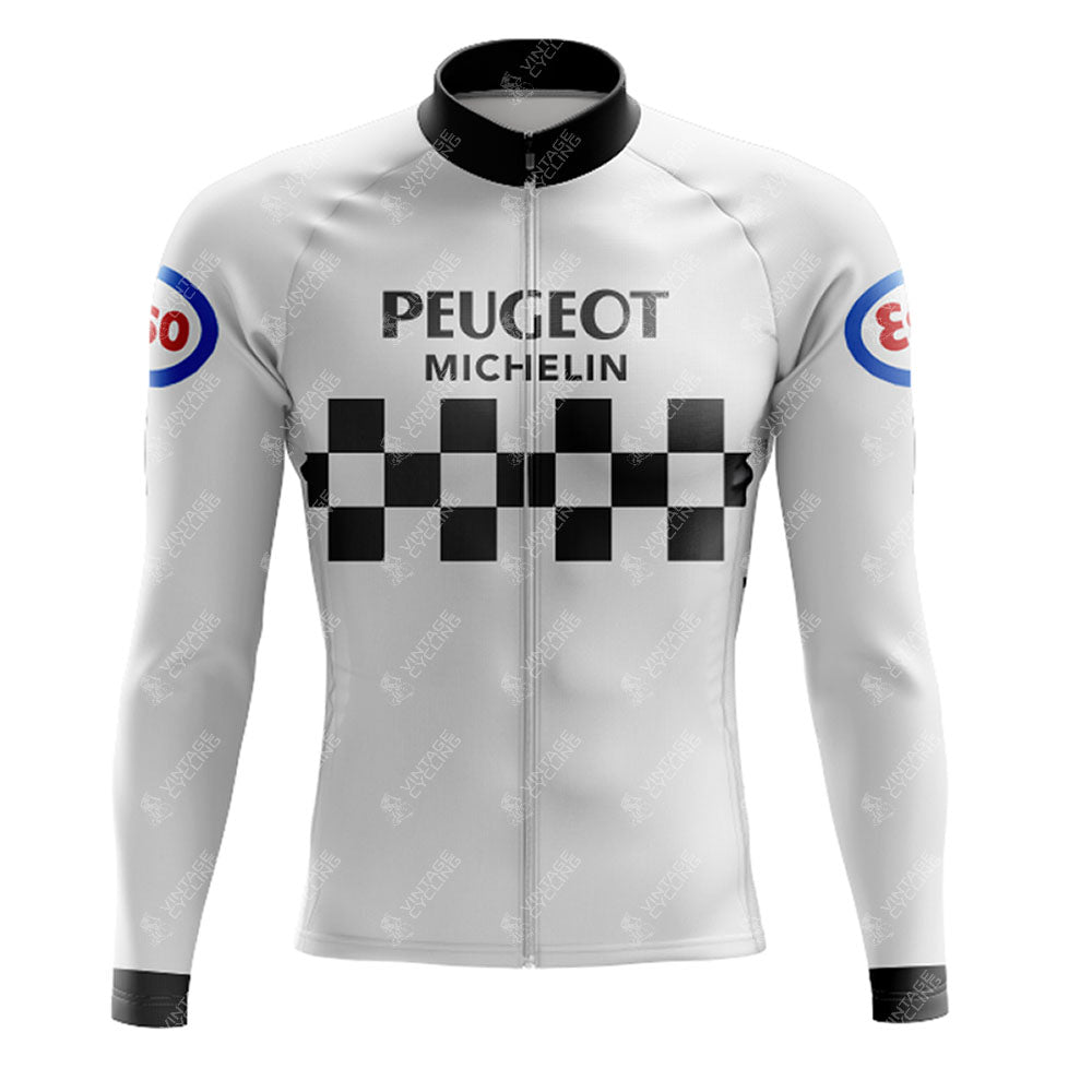 The PEUGEOT Black White Retro Long Sleeve Cycling Set features a white racing jacket with a black and white checkered chest pattern, Peugeot and Michelin logos above it, Esso logos on the sleeves, complemented by a sleek black collar and zip closure for a timeless look.