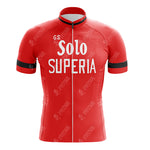 Retro red Legnano cycling jersey with Solo and SUPERIA in white on the front. This stylish set features short sleeves with black bands and a front zipper, embodying classic charm.