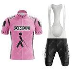 The ONCE Yellow Retro Short Sleeve Cycling Set features a yellow jersey with black and white ONCE logos, a graphic of a person with a cane, and matching black bib shorts with white logos.