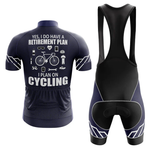 Two-piece Thin Blue Line Men Short Sleeve Cycling Set: navy jersey with white icons and "Yes, I do have a retirement plan; I plan on cycling" on the back, shown with matching bib shorts. Both pieces are made from moisture-wicking fabric.
