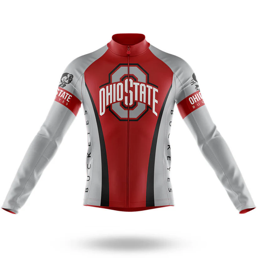 The American Long Sleeve Cycling Jersey showcases Ohio State's colors and logo on the front, plus Buckeyes and Brutus Buckeye graphics on the sleeves—a must-have for any true fan.