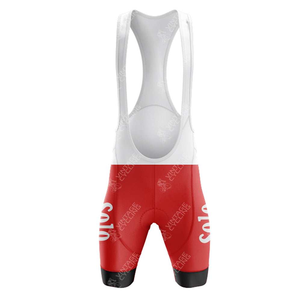Red and white cycling bib shorts with SOLO and subtle VINTAGE VÉLO logos, featuring shoulder straps that perfectly complement the Legnano Retro Short Sleeve Cycling Set for a stylish ride.