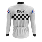The PEUGEOT Black White Retro Long Sleeve Cycling Set features PEUGEOT and MICHELIN above a classic checkered pattern, with red and blue circular logos on the sleeves. Choose the fleece option for warmth during cooler rides.