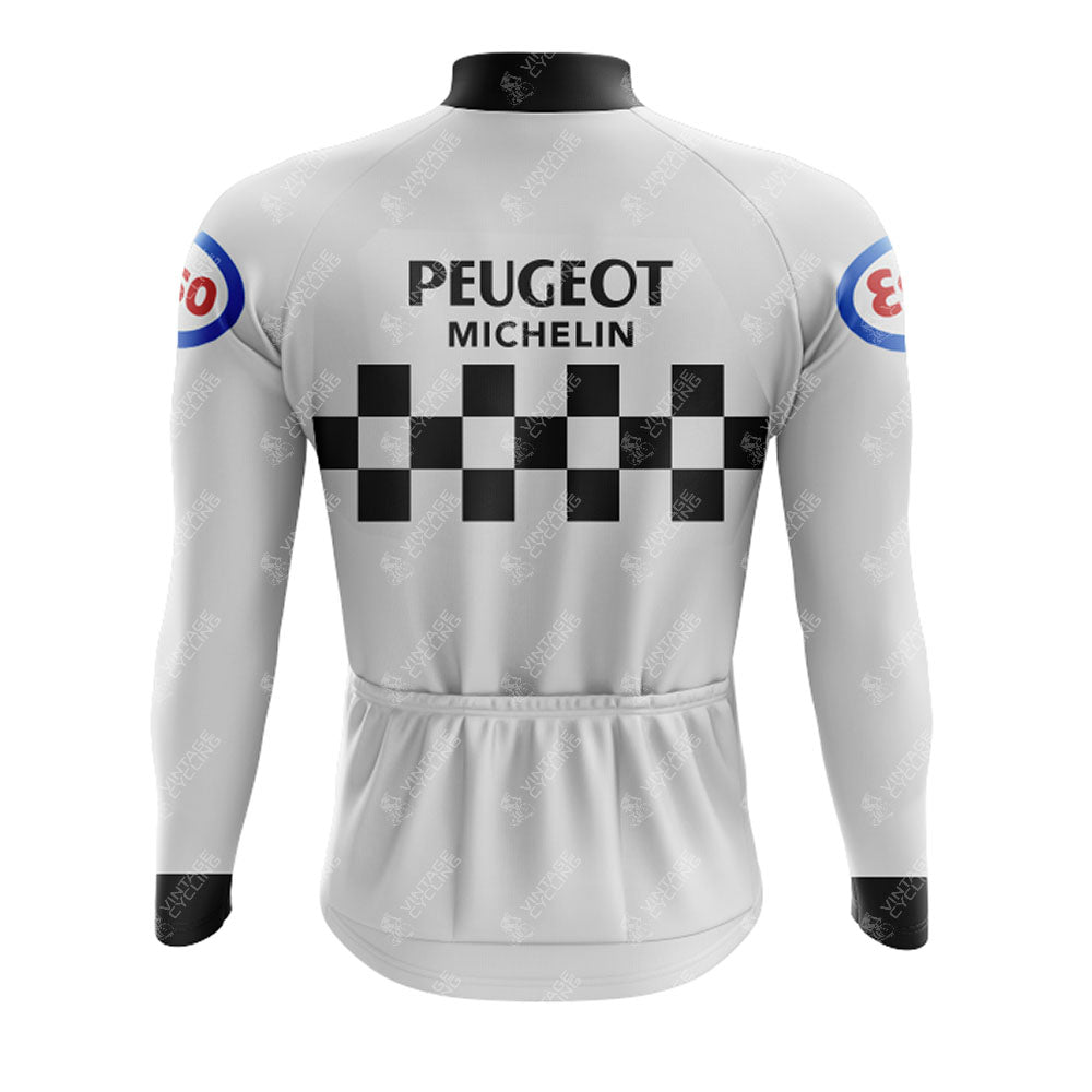 The PEUGEOT Black White Retro Long Sleeve Cycling Set features PEUGEOT and MICHELIN above a classic checkered pattern, with red and blue circular logos on the sleeves. Choose the fleece option for warmth during cooler rides.