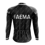 The FAEMA Black Retro Long Sleeve Cycling Set features a sleek, form-fitting design. FAEMA is boldly displayed in white on the back, complemented by subtle logos. This jersey combines classic charm with functionality for avid cyclists and is available with a fleece option.