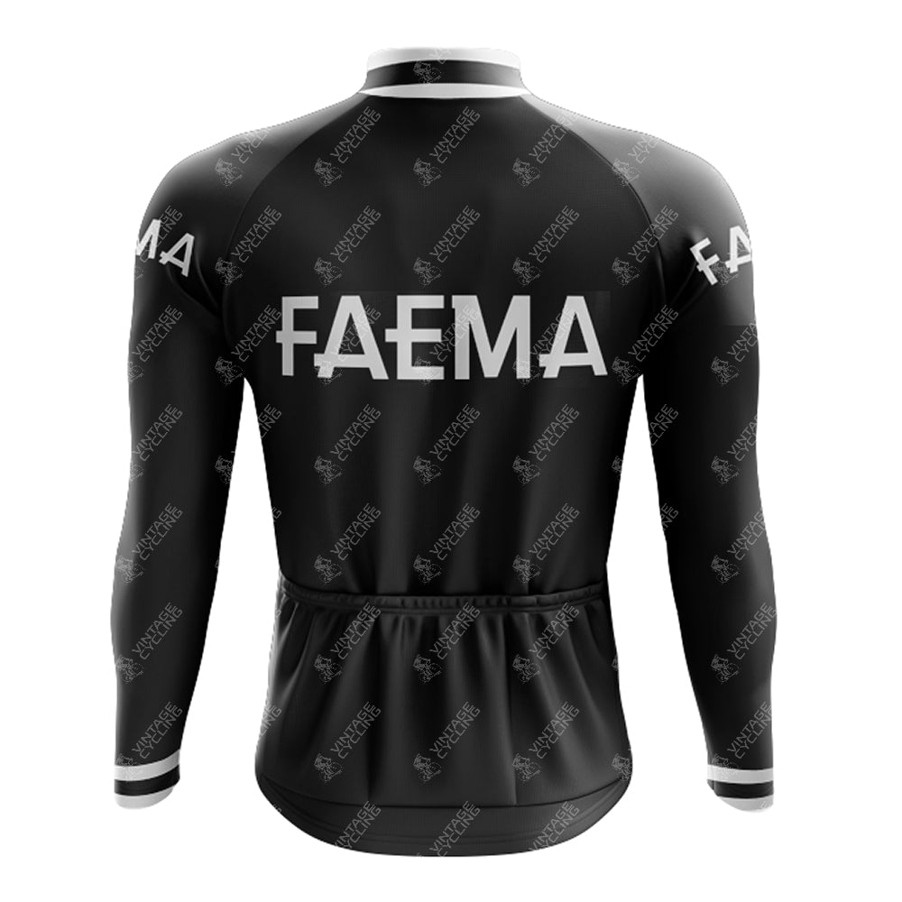 The FAEMA Black Retro Long Sleeve Cycling Set features a sleek, form-fitting design. FAEMA is boldly displayed in white on the back, complemented by subtle logos. This jersey combines classic charm with functionality for avid cyclists and is available with a fleece option.