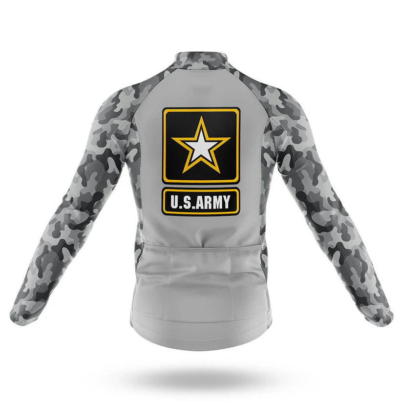 The Specialized Long Sleeve Cycling Jersey is shown from the back in gray camouflage, displaying a bold U.S. Army emblem with a white star on black and "U.S. ARMY" text below—ideal for riders after a military-inspired look.