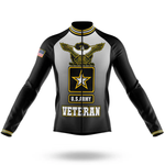 A black and gray U.S. Air Force Veteran Long Sleeve Cycling Jersey features the eagle emblem, “Veteran,” an American flag patch on the left sleeve, and yellow and black striped collar, cuffs, and hem for a bold cycling look.