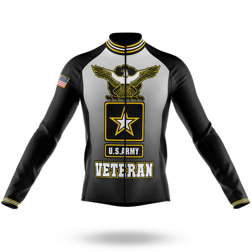 A black and gray U.S. Air Force Veteran Long Sleeve Cycling Jersey features the eagle emblem, “Veteran,” an American flag patch on the left sleeve, and yellow and black striped collar, cuffs, and hem for a bold cycling look.
