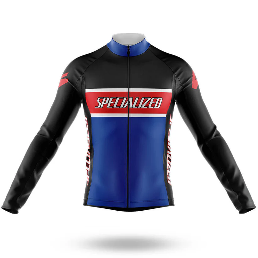 The Marines USMC Men Long Sleeve Cycling Jersey features a blue and black design with red and white SPECIALIZED branding across the chest and sleeves, displayed on a plain white background. Perfect for cool-weather rides.
