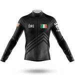 The Snail Cycling Team Men Long Sleeve Jersey is black with Irish flags, Éire on the chest and sleeve, and grey diagonal stripes—perfect for cycling enthusiasts seeking unique style.