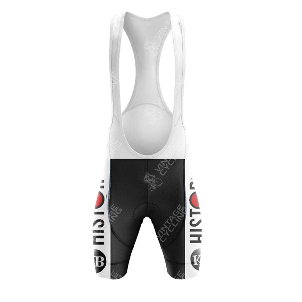 Front view of black and white cycling bib shorts featuring I (heart) HISTO and VINTAGE CYCLING text. The white straps contrast the black background with logos, embodying the GS Ignis Retro Short Sleeve Cycling Set style.