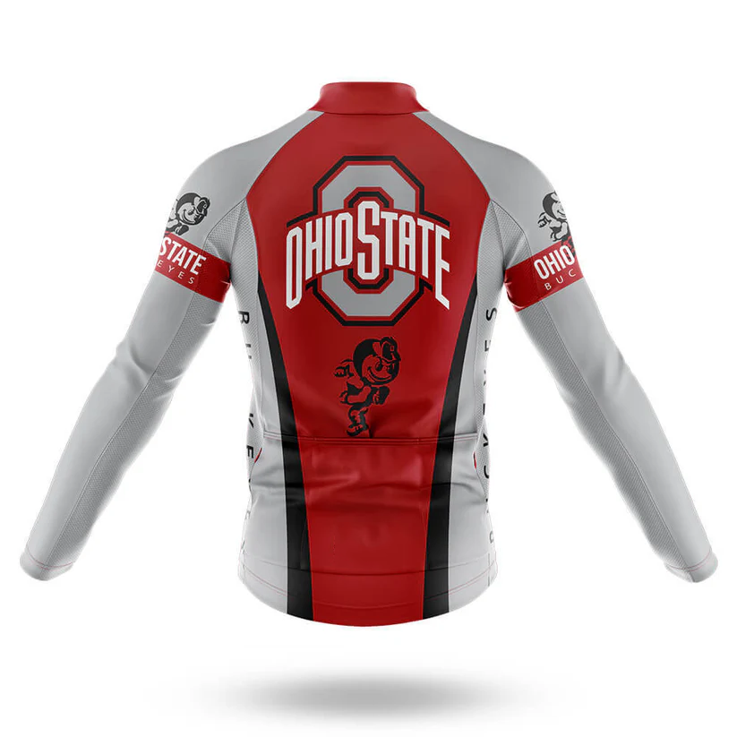 Back view of the American Long Sleeve Cycling Jersey in red and gray Mondrian style, featuring Ohio State logos, a Brutus Buckeye mascot graphic, and emblems with text on the arms and back for extra flair.