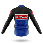 A blue and black Marines USMC men’s long sleeve cycling jersey with bold white "SPECIALIZED" lettering on a red and white stripe across the back, shown from the rear—ideal for cool-weather rides.