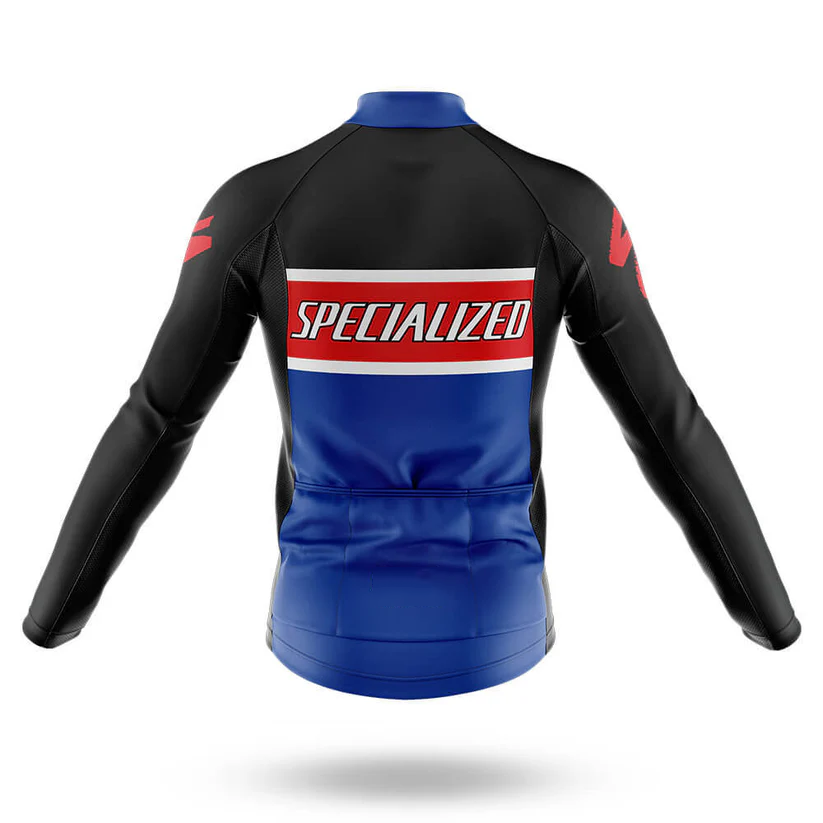 A blue and black Marines USMC men’s long sleeve cycling jersey with bold white "SPECIALIZED" lettering on a red and white stripe across the back, shown from the rear—ideal for cool-weather rides.