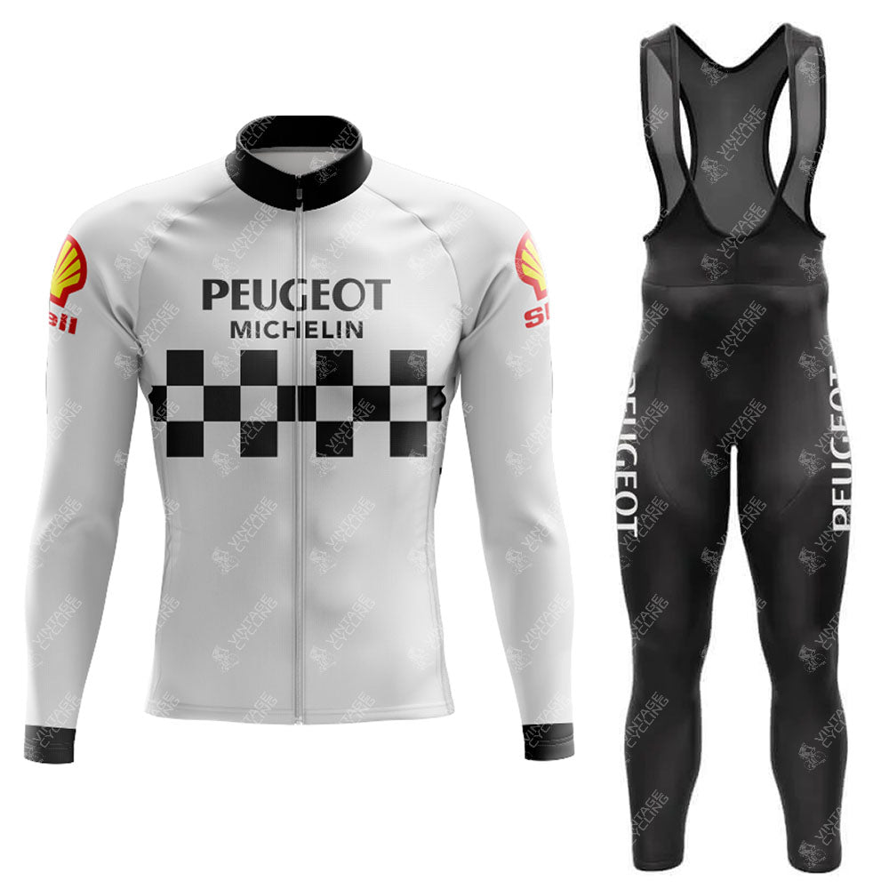 The PEUGEOT White and Black Retro Long Sleeve Cycling Set, featuring a white jersey with black checkered stripes and PEUGEOT, MICHELIN, and Shell logos, pairs with black bib tights with white side text. Available with gel seat pad or cozy fleece for extra comfort.