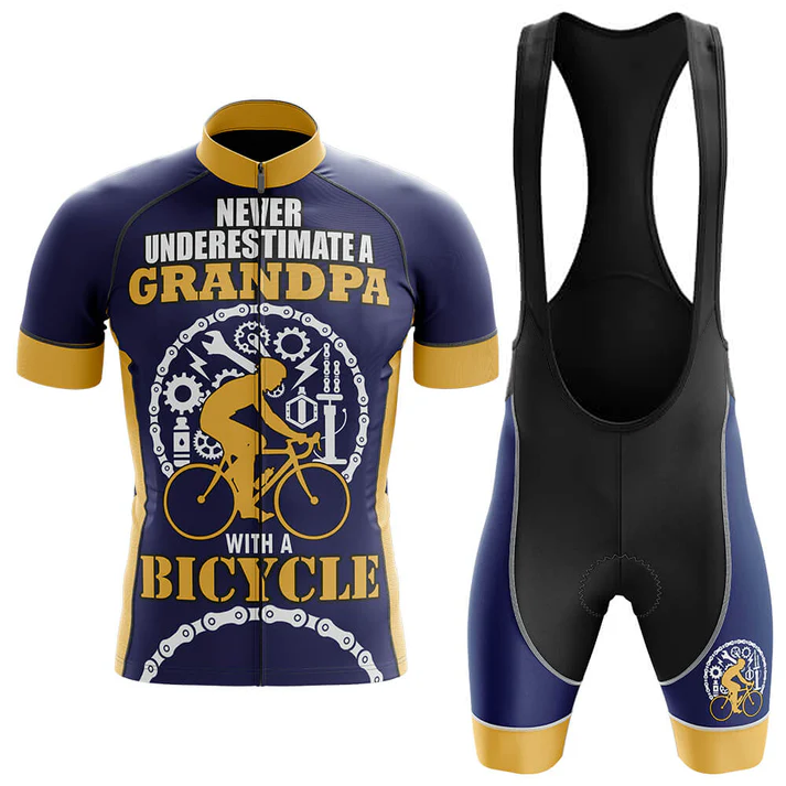 The "Don't Run Me Over Safety" short sleeve cycling set features a blue and yellow customizable jersey with “Never underestimate a grandpa with a bicycle” and matching bib shorts, creating a bold retro look for cyclists.