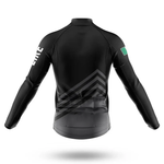 The Snail Cycling Team Men Long Sleeve Jersey is shown from the back in black, with a chevron pattern, ELITE on the right sleeve, and a green square on the left arm—ideal for Ohio University cycling fans. Displayed on a white background.