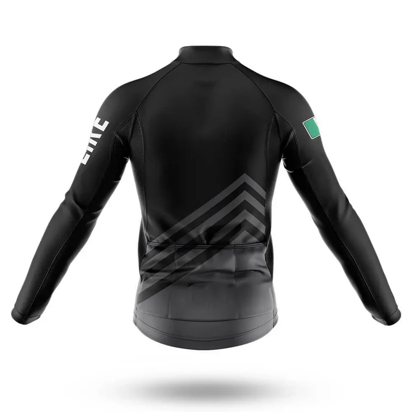 The Snail Cycling Team Men Long Sleeve Jersey is shown from the back in black, with a chevron pattern, ELITE on the right sleeve, and a green square on the left arm—ideal for Ohio University cycling fans. Displayed on a white background.