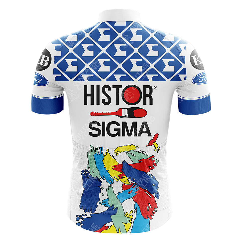 The GS Ignis Retro Short Sleeve Cycling Set features a blue geometric pattern on the shoulders and upper back, Histor and Sigma in the center with a red and black paintbrush motif, vibrant abstract paint splatters on the lower section, and sponsor logos on the sleeves.