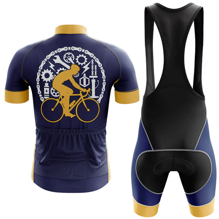 The Don't Run Me Over Safety Short Sleeve Cycling Set is a two-piece kit in navy and gold, featuring a customizable jersey with a gold cyclist silhouette and white bike parts, plus bib shorts with black straps and coordinating retro panels.