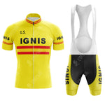 The Jacky Aernoudt Meubel Rossin Retro Short Sleeve Cycling Set includes a yellow cycling jersey and bib shorts with bold red stripes, black IGNIS text, a front zipper, short sleeves, and G.S. initials on the chest.