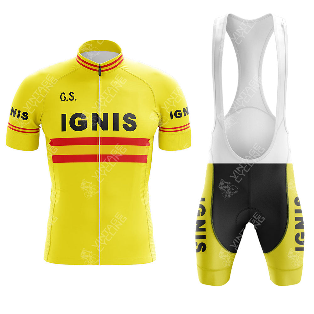 The Jacky Aernoudt Meubel Rossin Retro Short Sleeve Cycling Set includes a yellow cycling jersey and bib shorts with bold red stripes, black IGNIS text, a front zipper, short sleeves, and G.S. initials on the chest.