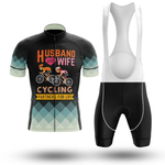 The Marines USMC Men Short Sleeve Cycling Set includes a jersey with a black and teal diamond pattern, two cyclists, and "HUSBAND AND WIFE CYCLING PARTNERS FOR LIFE" text. The set comes with black bib shorts featuring white straps.