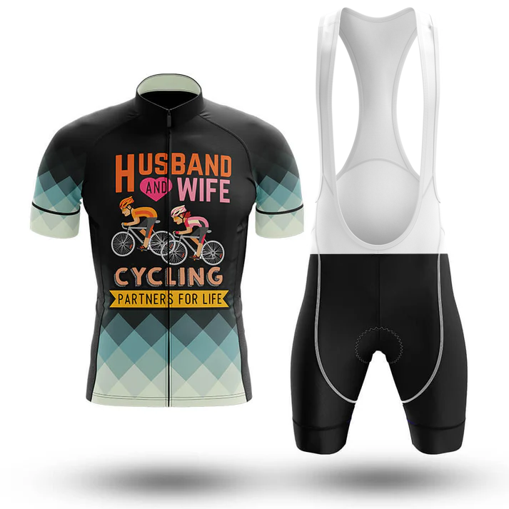 The Marines USMC Men Short Sleeve Cycling Set includes a jersey with a black and teal diamond pattern, two cyclists, and "HUSBAND AND WIFE CYCLING PARTNERS FOR LIFE" text. The set comes with black bib shorts featuring white straps.