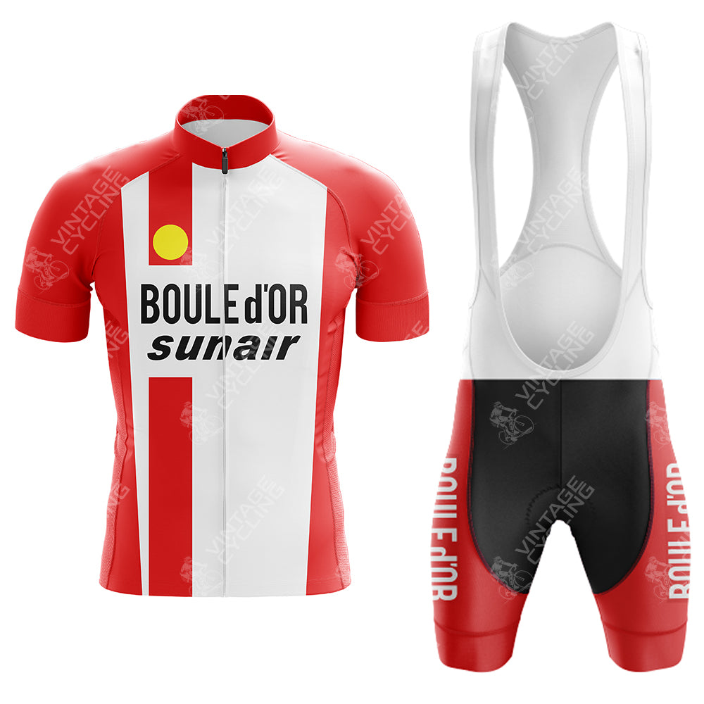 The SUPER Red Retro Short Sleeve Cycling Set includes a red and white jersey with vertical stripes featuring Boule dOr Sunair text, paired with matching bib shorts, ideal for vintage cycling style enthusiasts.