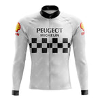 The PEUGEOT White and Black Retro Long Sleeve Cycling Set features a checkered pattern, black collar, and zipper. Logos for PEUGEOT, MICHELIN, and Shell adorn it for a classic vibe. A fleece option is available.