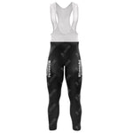 Front view of black cycling bib tights with white suspenders, ideal for pairing with the 1983 Bianchi Retro Long Sleeve Cycling Set (With Fleece Option). It features white text logos and graphics on the thighs, highlighted against a plain white background.