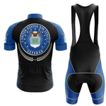 Front and back view of the Ferrari Short Sleeve Cycling Set. This retro cycling set features a matching jersey and blue and black shorts, ideal for fans of customizable cycling gear.