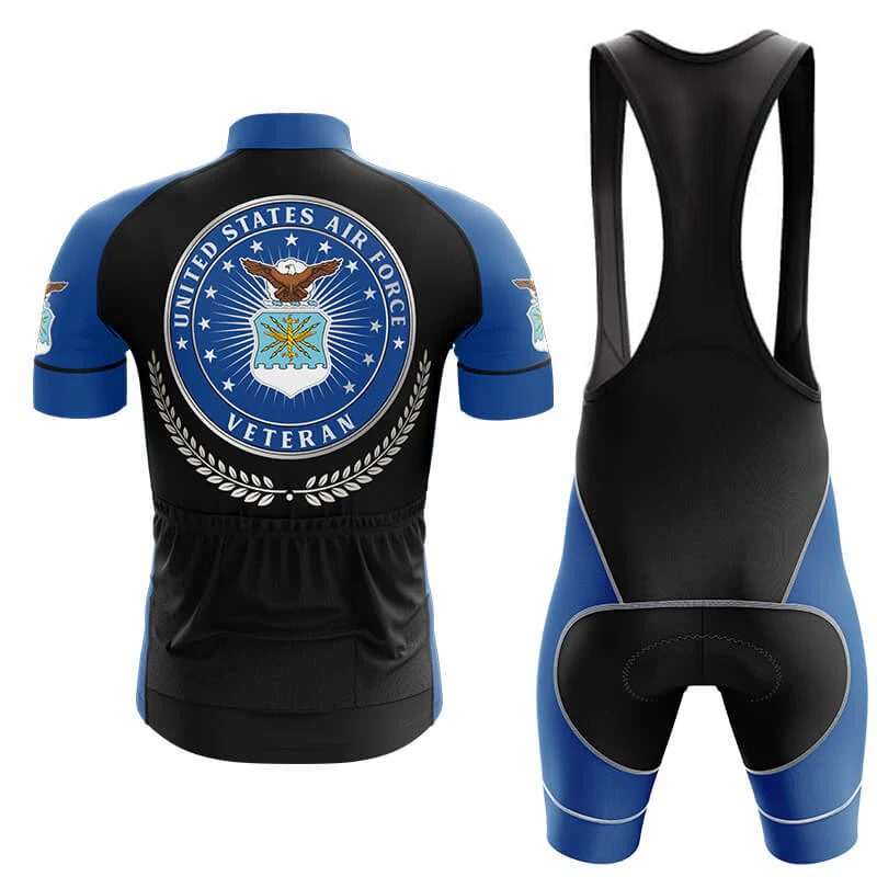 Front and back view of the Ferrari Short Sleeve Cycling Set. This retro cycling set features a matching jersey and blue and black shorts, ideal for fans of customizable cycling gear.
