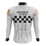 The back view of the PEUGEOT White and Black Retro Long Sleeve Cycling Set showcases a white jersey with a black and white checkered pattern, featuring Peugeot, Michelin, and Shell logos. It includes a warming fleece option and is completed with a convenient zipper at the collar.