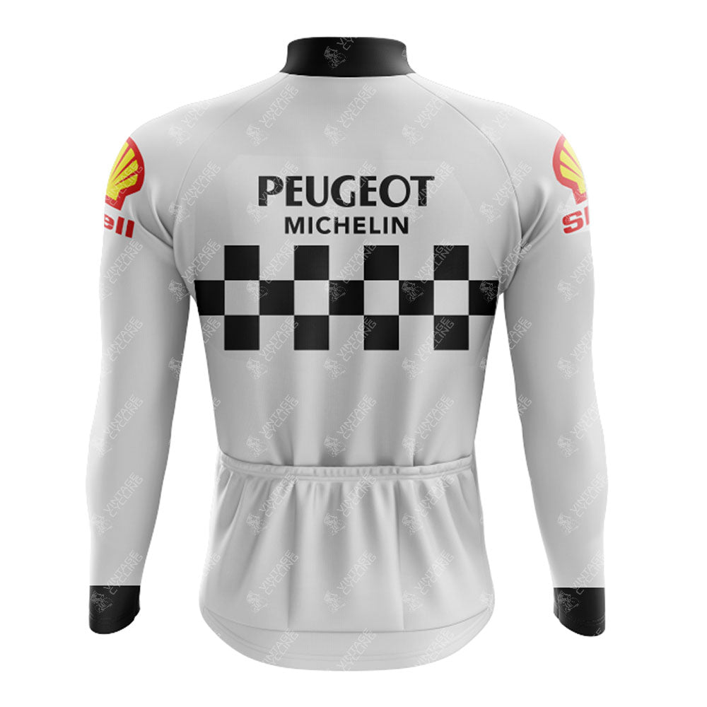 The back view of the PEUGEOT White and Black Retro Long Sleeve Cycling Set showcases a white jersey with a black and white checkered pattern, featuring Peugeot, Michelin, and Shell logos. It includes a warming fleece option and is completed with a convenient zipper at the collar.