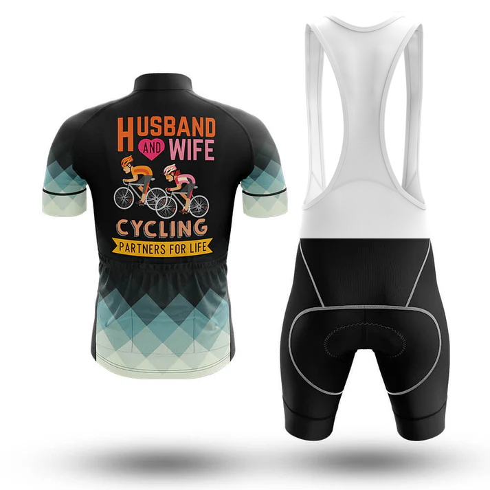 Front and back view of the Marines USMC Men Short Sleeve Cycling Set. The jersey features a "Husband and wife cycling partners for life" print with a couple on bikes, subtle Chicago flag accents, and black shorts with white suspenders.
