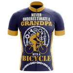 The Don't Run Me Over Safety Short Sleeve Cycling Set is a navy blue and yellow customizable jersey featuring "Never underestimate a grandpa with a bicycle" and a cyclist surrounded by bike gears and tools.