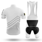 The Austria Black Men Short Sleeve Cycling Set is shown from the back, featuring a white jersey with gray diagonal stripes, a black-and-yellow patch on the right sleeve, and matching bib shorts with black seat padding.