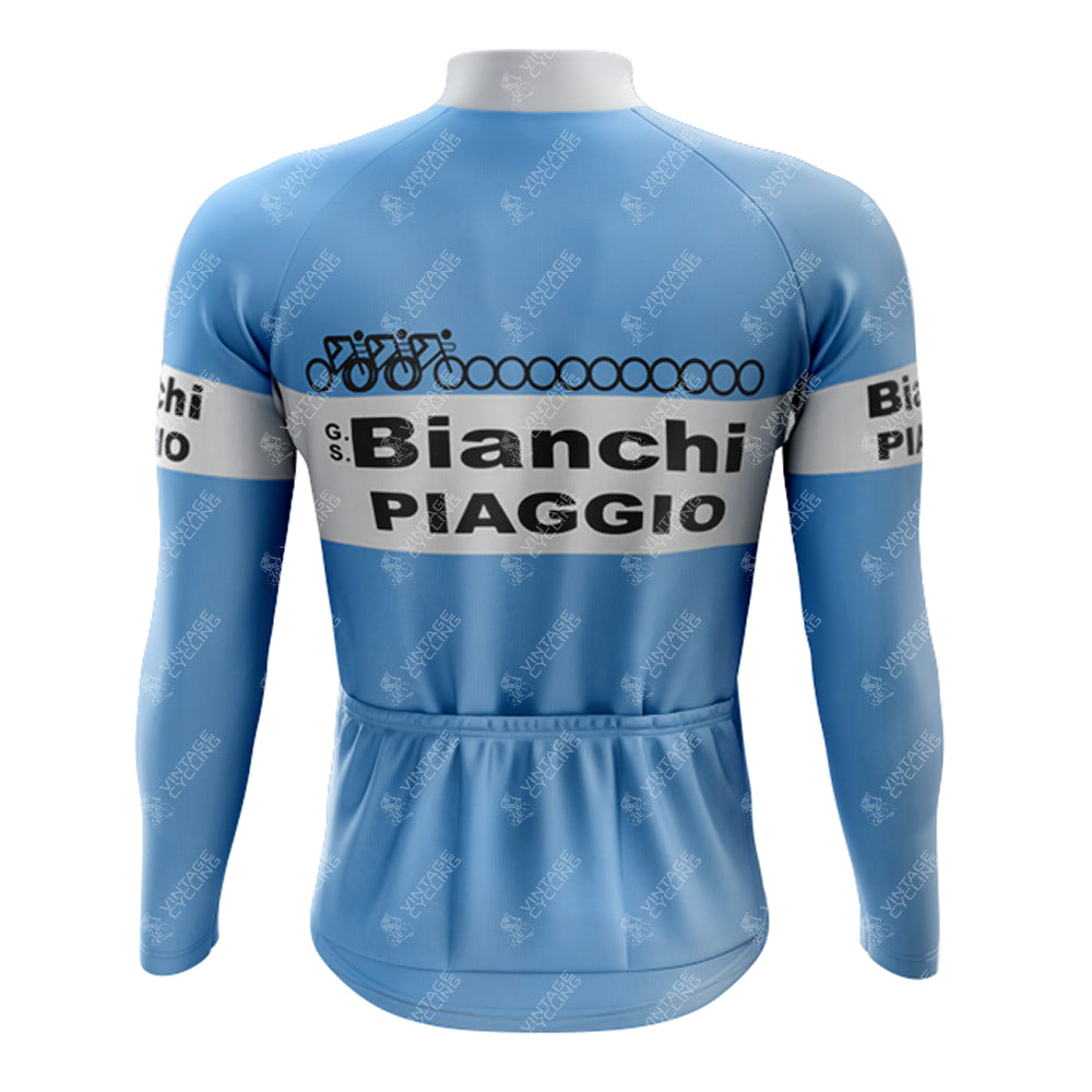 The 1983 Bianchi Retro Long Sleeve Cycling Jersey, adorned with Bianchi and Piaggio logos and a classic bicycle graphic, pairs perfectly with the matching set for a timeless look.