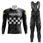 The PEUGEOT Black Retro Long Sleeve Cycling Set includes a jacket with a checkered pattern and a green and yellow BP logo on the sleeve. Matching breathable bib shorts display PEUGEOT text on the side. Available in cozy fleece for cooler rides.