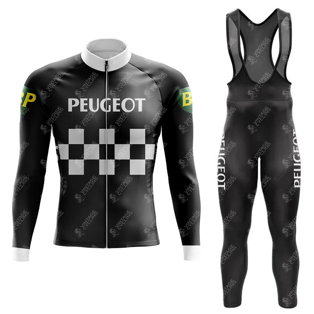 The PEUGEOT Black Retro Long Sleeve Cycling Set includes a jacket with a checkered pattern and a green and yellow BP logo on the sleeve. Matching breathable bib shorts display PEUGEOT text on the side. Available in cozy fleece for cooler rides.